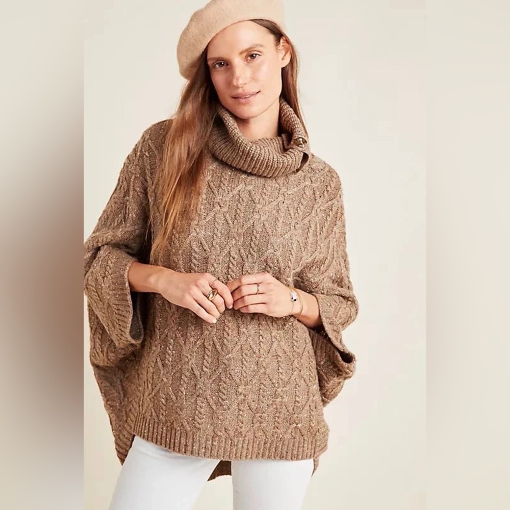 By Anthropologie Tan Corine Cable Knit Poncho Cowl Neck Sweater size XL